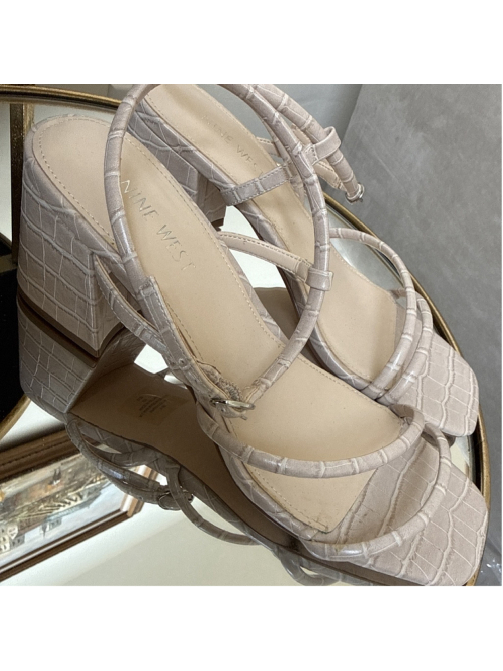 Nine West Gellar Block Heel Sandals Beige Taupe Crocodile Pattern Size 8.5 - Picture 2 of 6